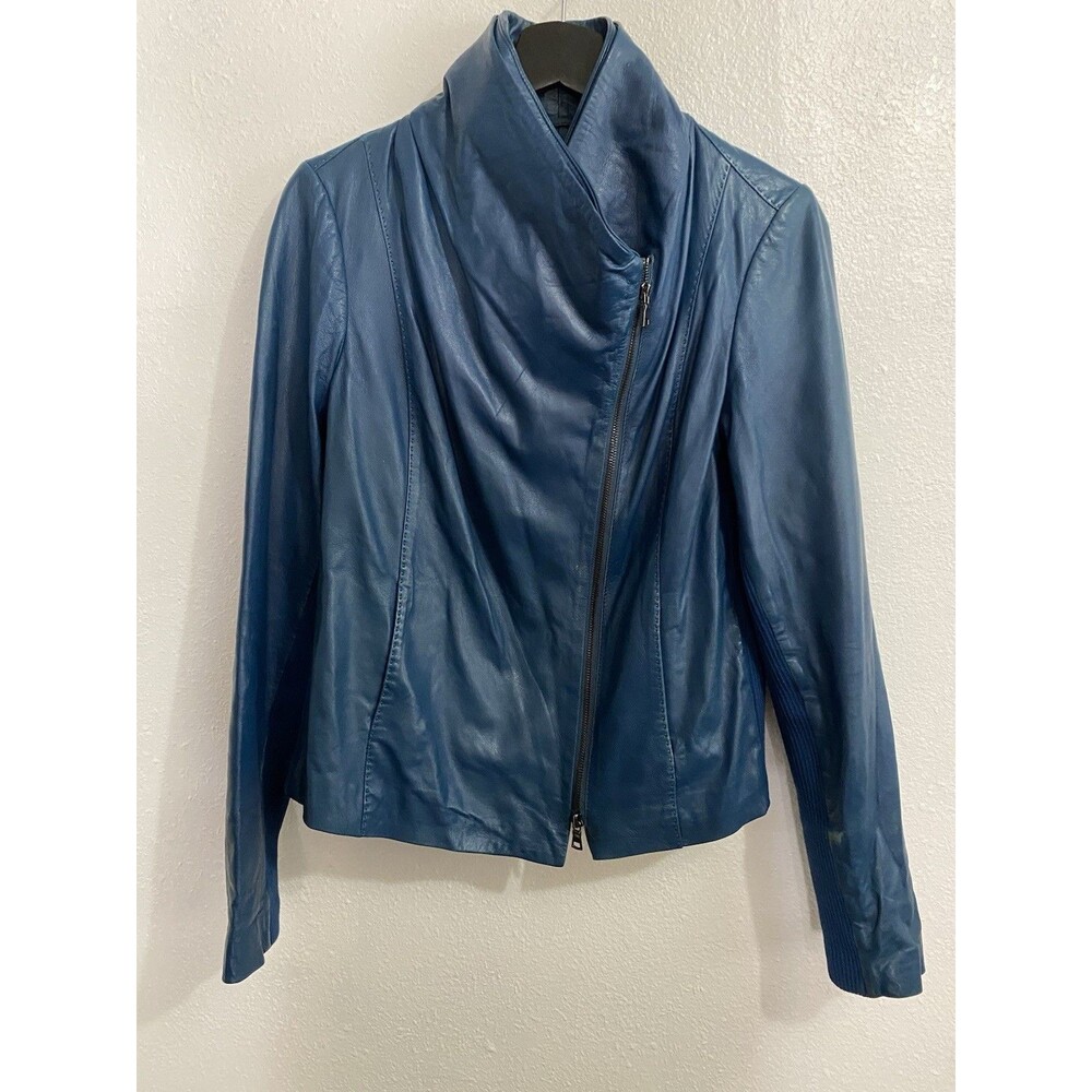 Vince Women’s Blue Lamb Leather Jacket With Asymmetrical Zip Size L